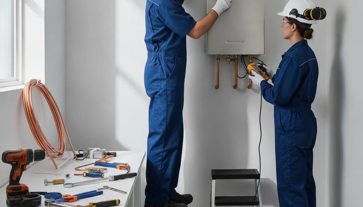 Tankless water heater installation by Kansas City, KS plumbers for on-demand hot water service